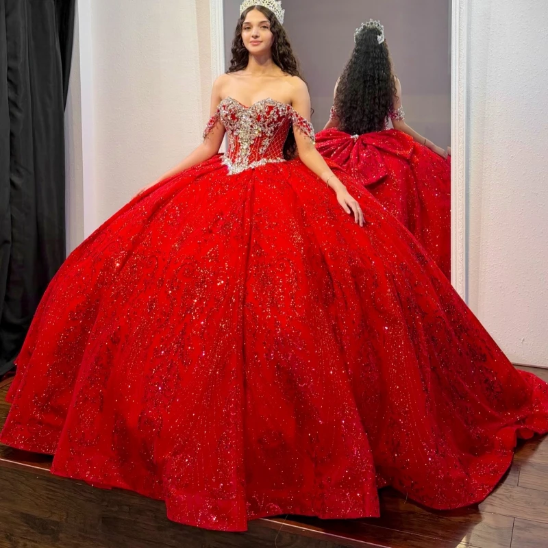 

Red Shiny Quinceanera Dresses Off The Shoulder Sequin Applique Lace Beading Crystal Bow Tull Corset Party Birthday Sweet 16