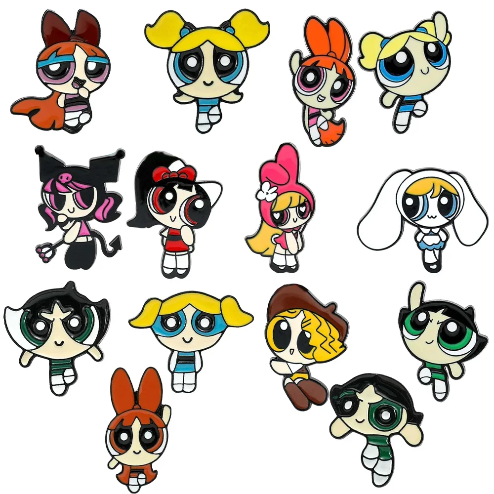 

14 шт., брошь с креативным персонажем из мультфильма, PowerpuffGirl, креативная эмалированная булавка, рюкзак, одежда, ювелирные изделия, металлический значок, аксессуары, подарок