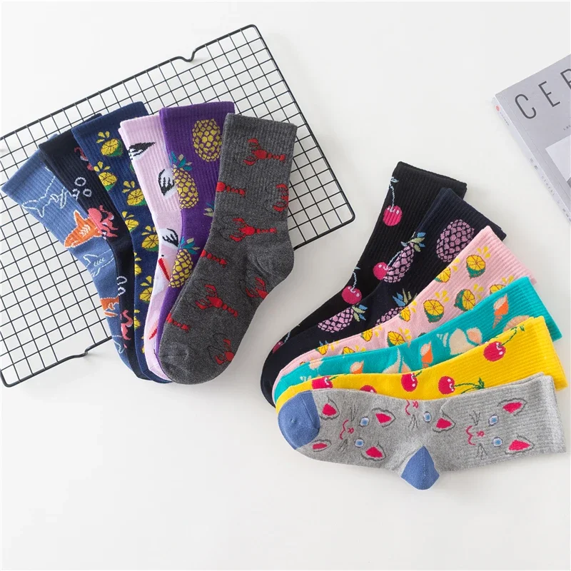 3 Pairs / Lot Funny Cute Cartoon Women Socks Fruit Cherry Pineapple Lemon Seafood Animal Cat Crane Shark Happy Harajuku Unisex