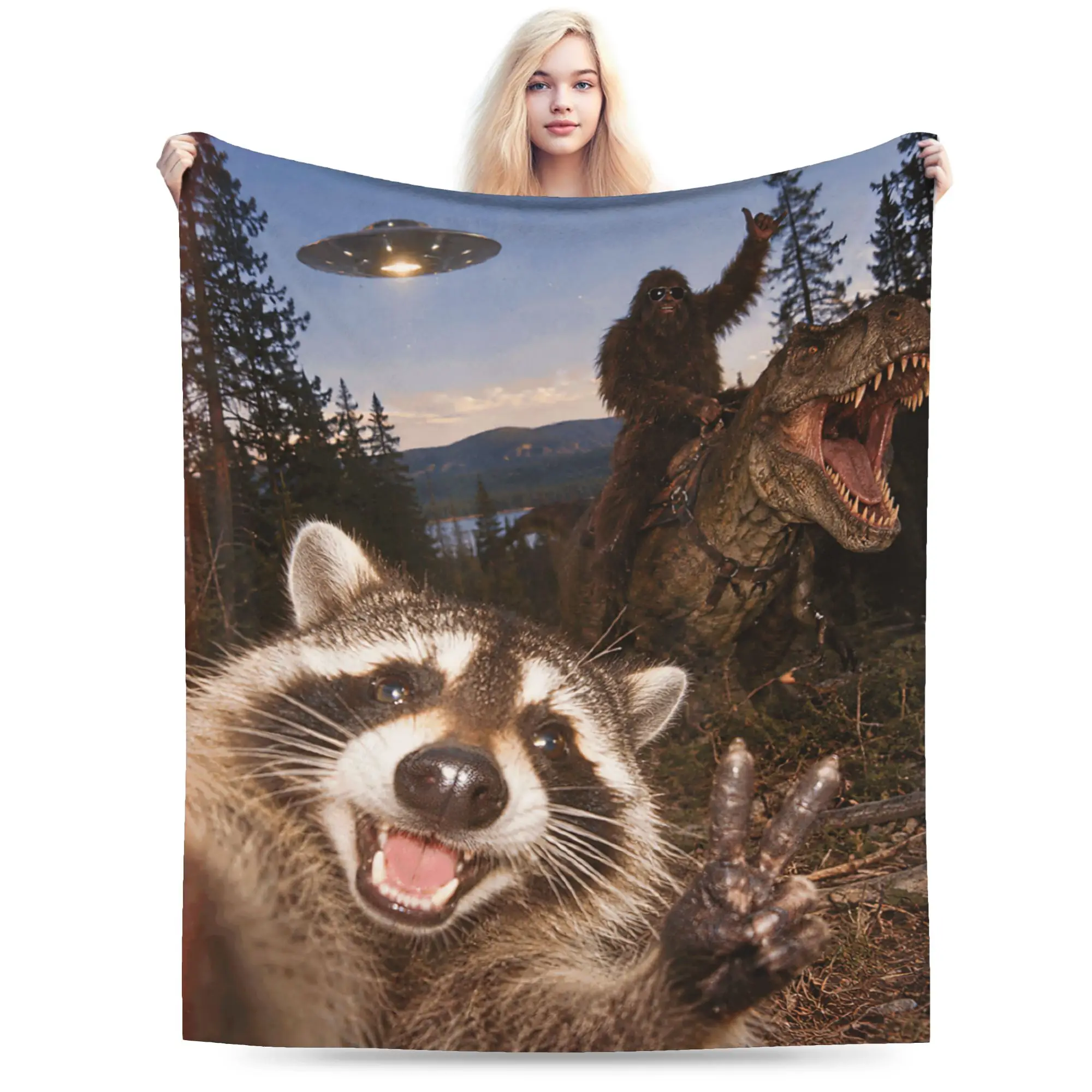 Funny Bigfoot Ride Dinosaur Raccoon Throw Blanket for Couch  Soft Cozy Plush Blanket 50x60 Inch Multi-size Bedspreads