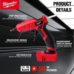 Pistola de pegamento caliente inalámbrica Milwaukee para herramientas de batería de 18V de Milwaukee para manualidades, reparación DIY con 30 Uds de barras de pegamento caliente portátiles