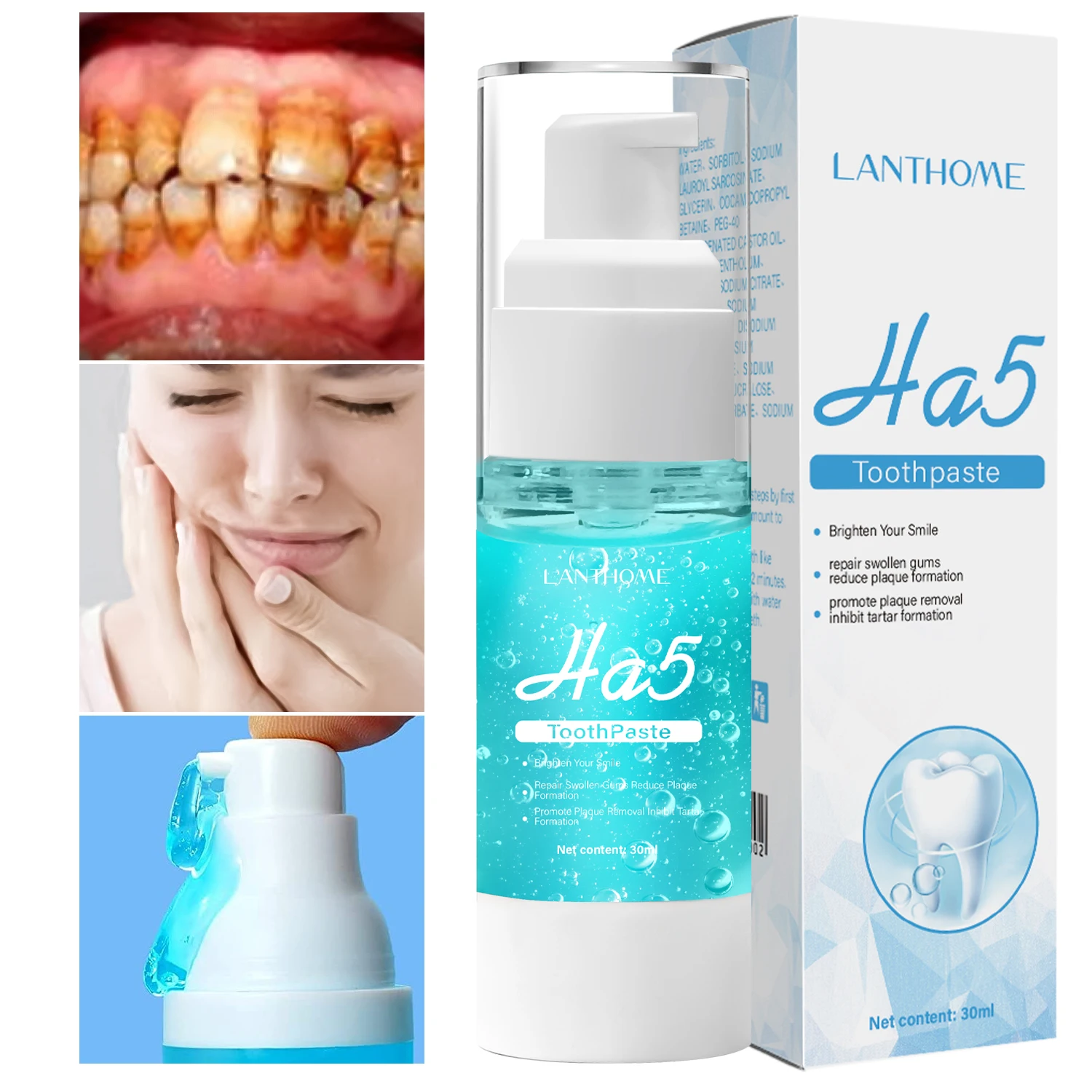 HA5 Tooth Whitening Hyaluronic Acid Toothpaste 30ml Gingival Repair Brand New Oral Treatment for Removing Yellow Plaque