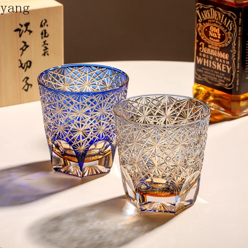 LMM high-end Edo cut crystal cup high-end classic blue daisy cup