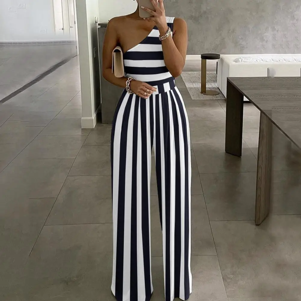 

Striped Women Jumpsuit Waist Tied Stripes Print Single Shoulder Slash Neck Wide Leg Jumpsuit Loose Rompers Bodysuit for Vacation