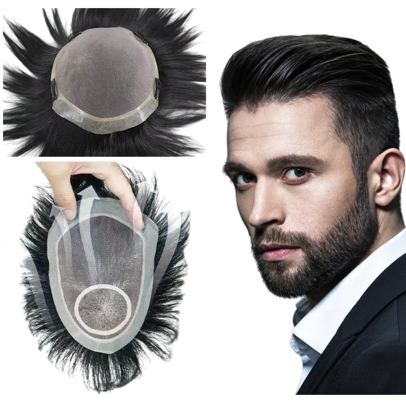 

6 Inch 100% Human Hair Men Toupee Mono Top PU Sides Lace Mesh With Clips Hand Tied Base Jet Black