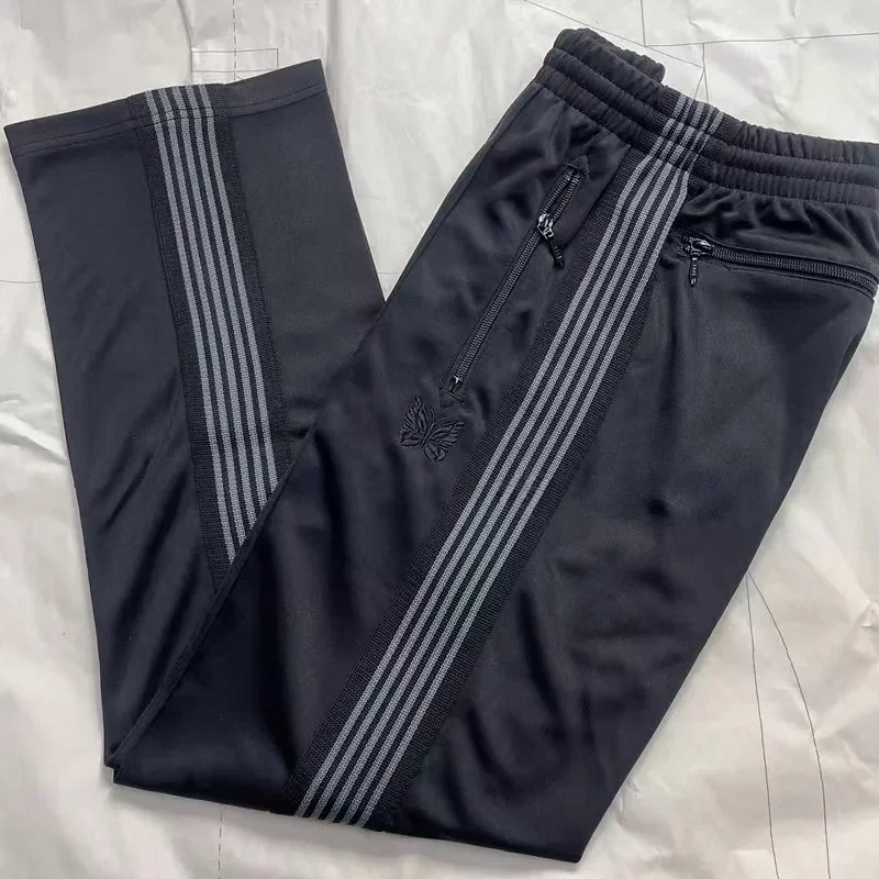 2024ss Butterfly Embroidery Black Pants Men Women 1:1 With Tags Straight Pants Grey Striped Joggers Pants