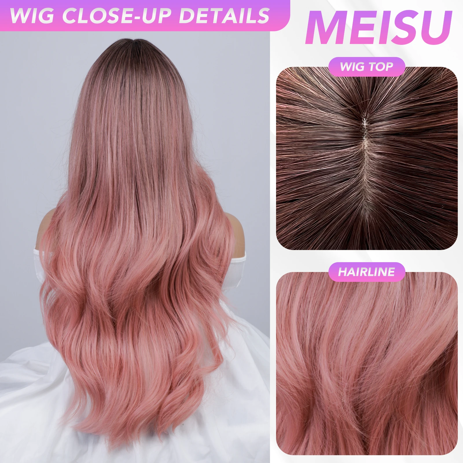 MEISU Gradient Pink Brown Curly Wave Bangs parrucca parrucca sintetica in fibra da 24 pollici resistente al calore Natural Party o Selfie per le