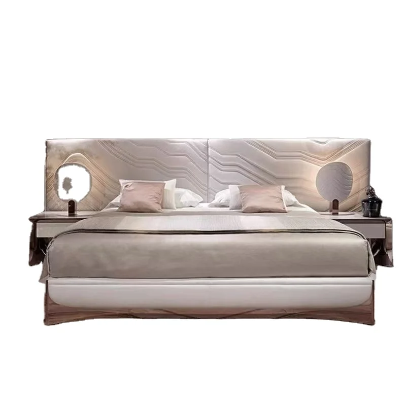 

%@Factory Wholesale Light Luxury Leather Bed Italian Style Bedroom King Bed Villa Large Floor Practical High End Luxury Soft Bed