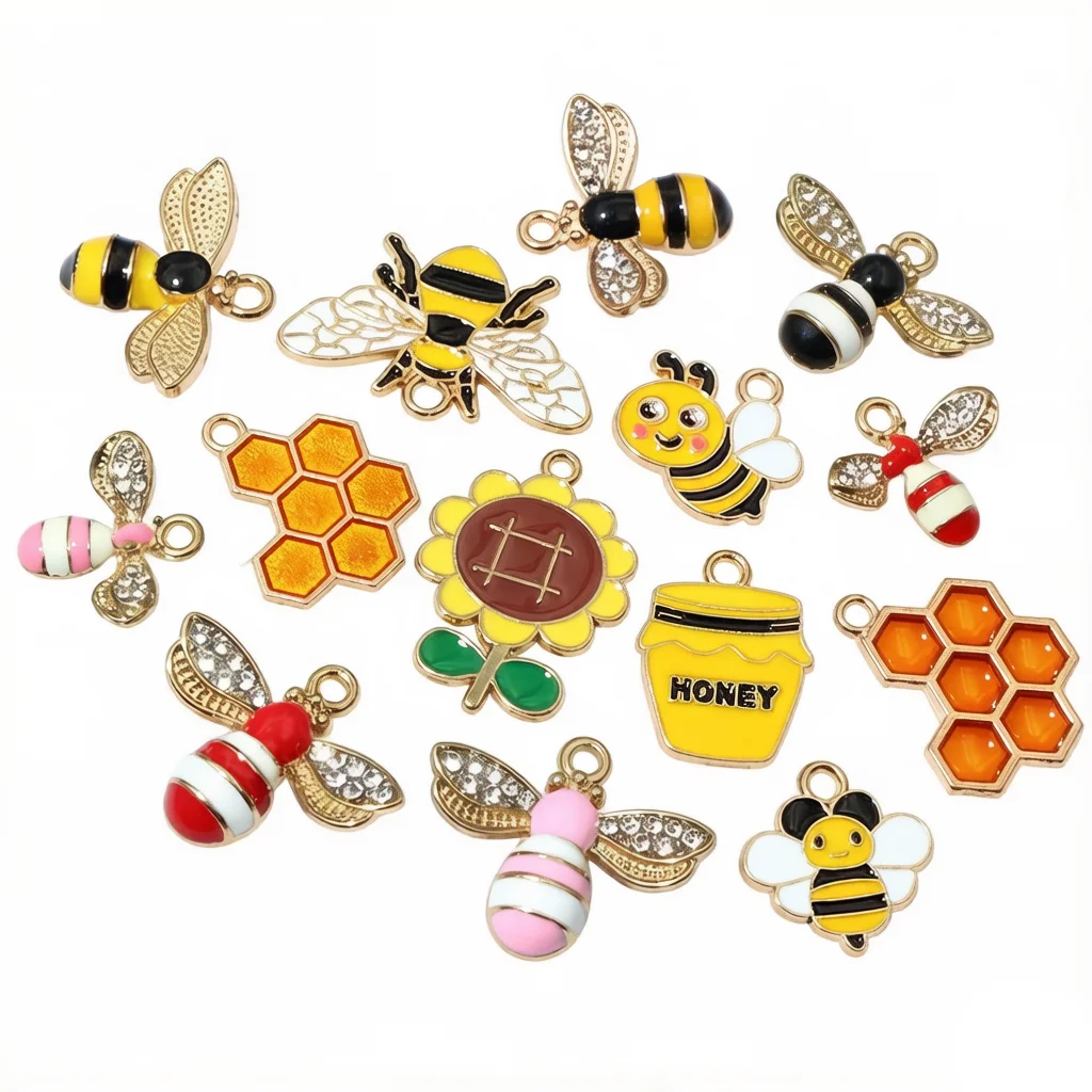 10pcs Enamel Flower Bee Honey Honeycomb Charms Pendant Alloy Metal DIY Jewelry Making Accessories for Necklace Earrings Bracelet