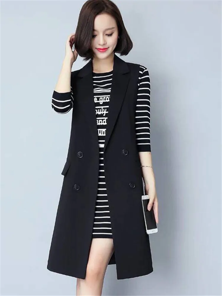 جديد المرأة منتصف طول صدرية الكورية ربيع الخريف جاكيت بلا إكمام الإناث سترة سوداء ملابس خارجية مزدوجة الصدر أبلى