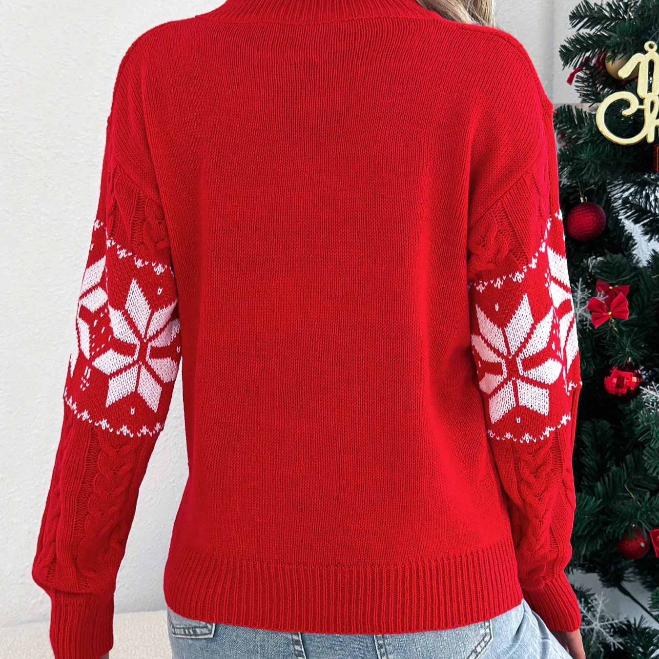 Pull de noël pour femme, automne hiver, décontracté, couleur contrastée, motif de flocon de neige, hauts tricotés, col rond, lanterne, manches longues