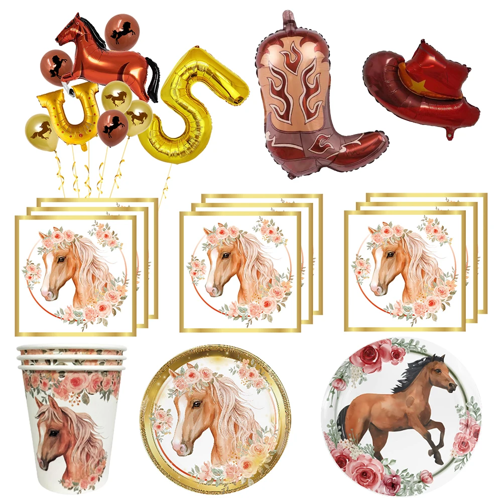 Suministros de fiesta de caballo vaquero para niños, vasos, platos, manteles, servilletas de carreras de caballos, globos, decoración de fiesta de cumpleaños