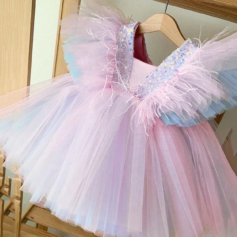 Baby Girls Sequins Elegant Princess Rainbow Dress Kids Wedding Party Ruffles Christening Gown Infant Birthday Banquet Costume