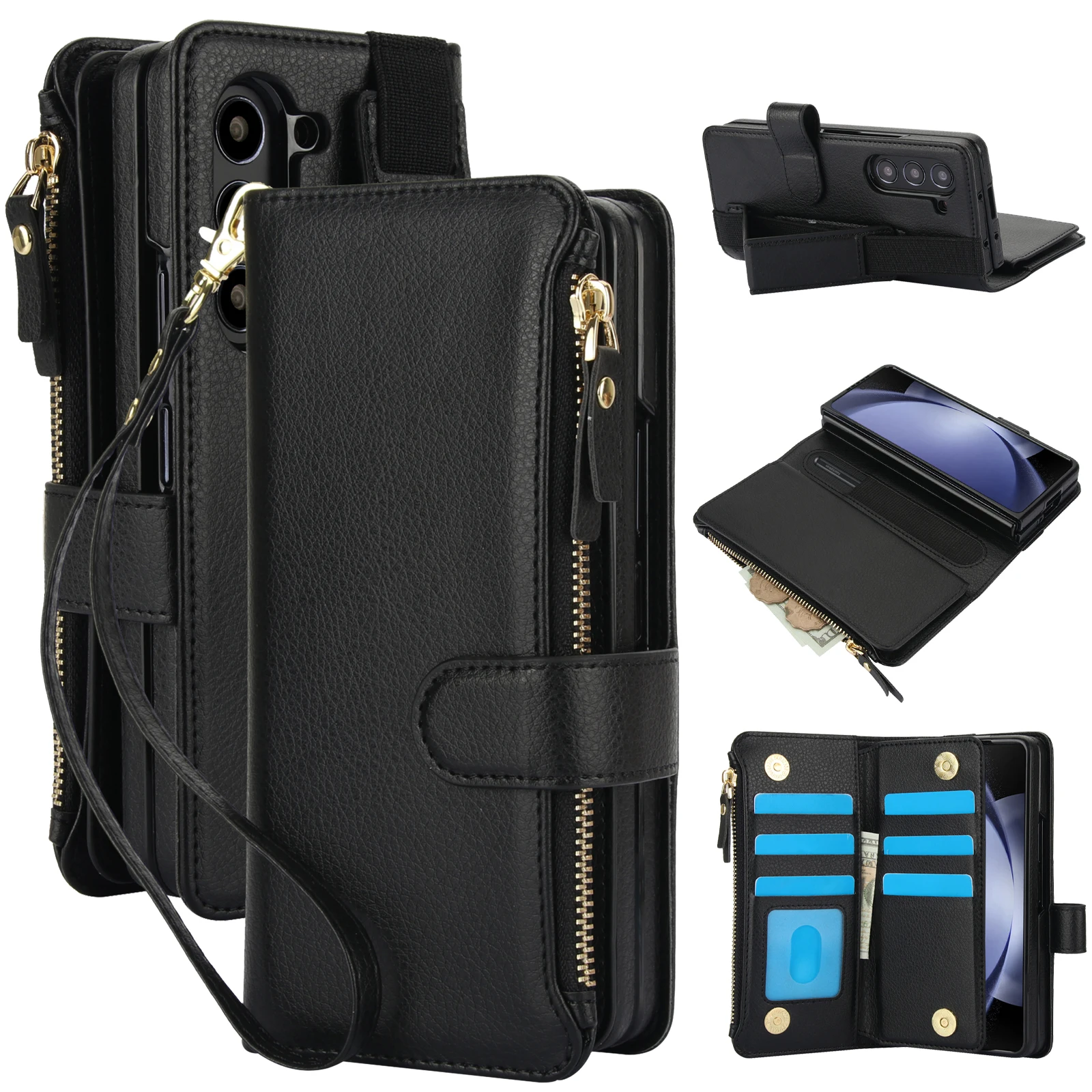 Zipper Flip Leather Magnetic closure Card Slot Wallet Cover For Samsung Galaxy Z Fold6 5 4 3 5G Wrist Strap shockproof Case