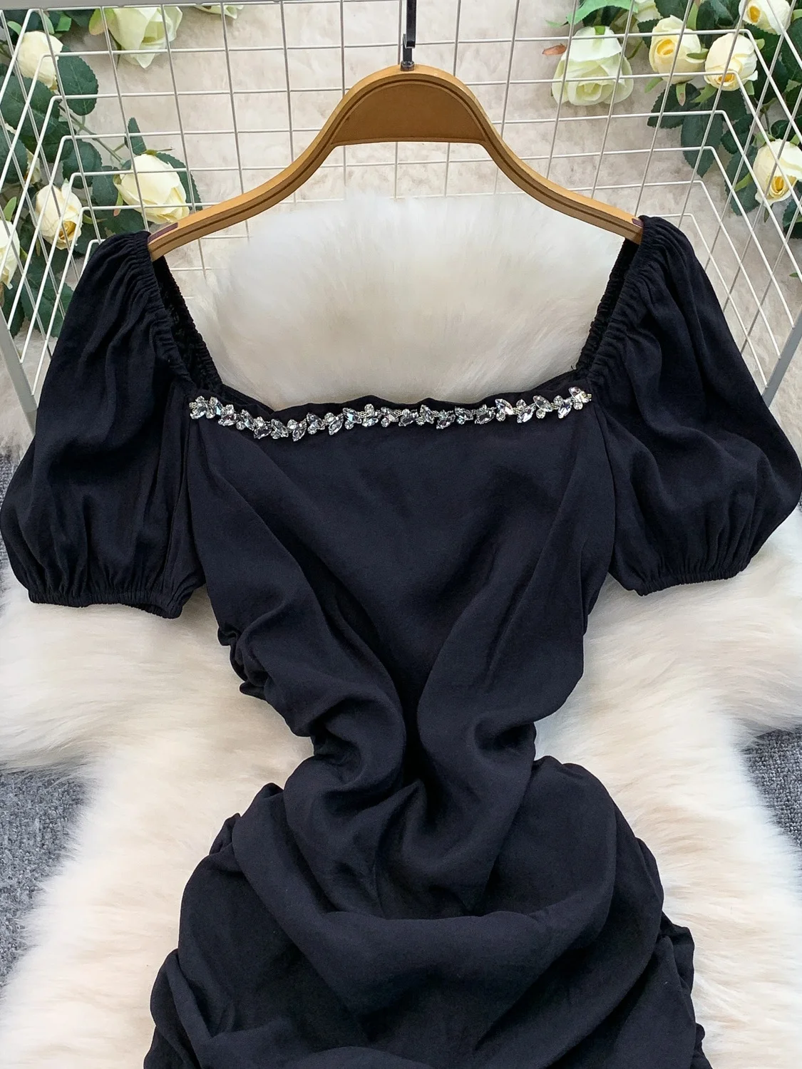   Diamant intégré col carré Dr femmes automne hiver conception taille cintrée minceur jupe moulante ort Sve