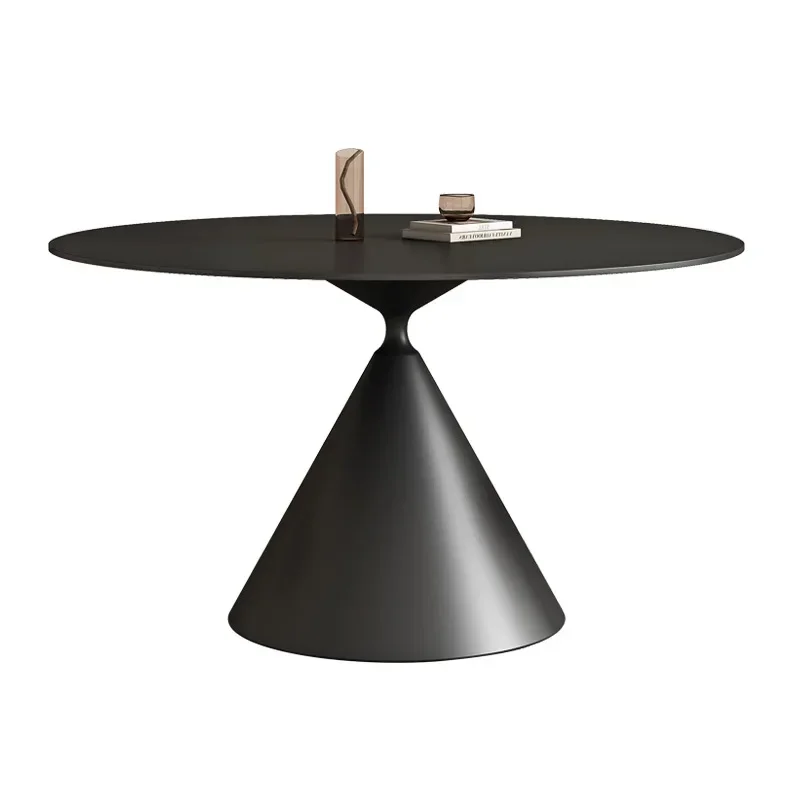 Modern simple style, pure black round slate dining table, high-end wabi-sabi style, built-in turntable, small round meal