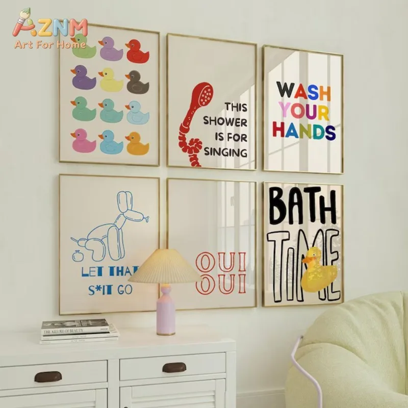 AZNM Cute Rubber Duck Bathroom Canvas Print Colorful Wash Hands Funny Quote Balloon Dog Cartoon Kids Bath Room Wall Decor Unfram