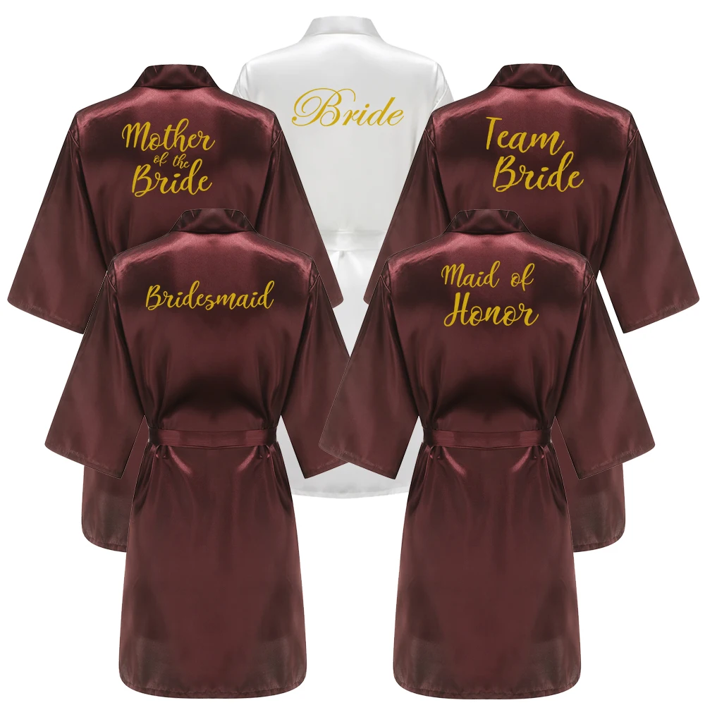 

Women Rayon Gold Letters Bride Bridesmaid Kimono Bathrobe Dress Sexy Mini Sleep Nightshirt Sleepwear Wedding Robes