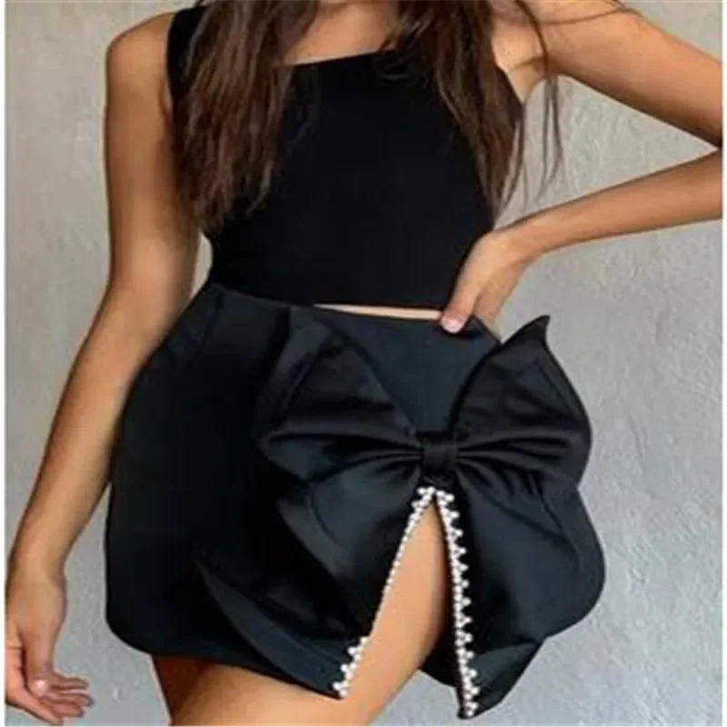 Women Summer Skirt Sexy Designer Bow Tie Black Split Diamonds Crystal Skirt High Street Designer Party Mini Skirts