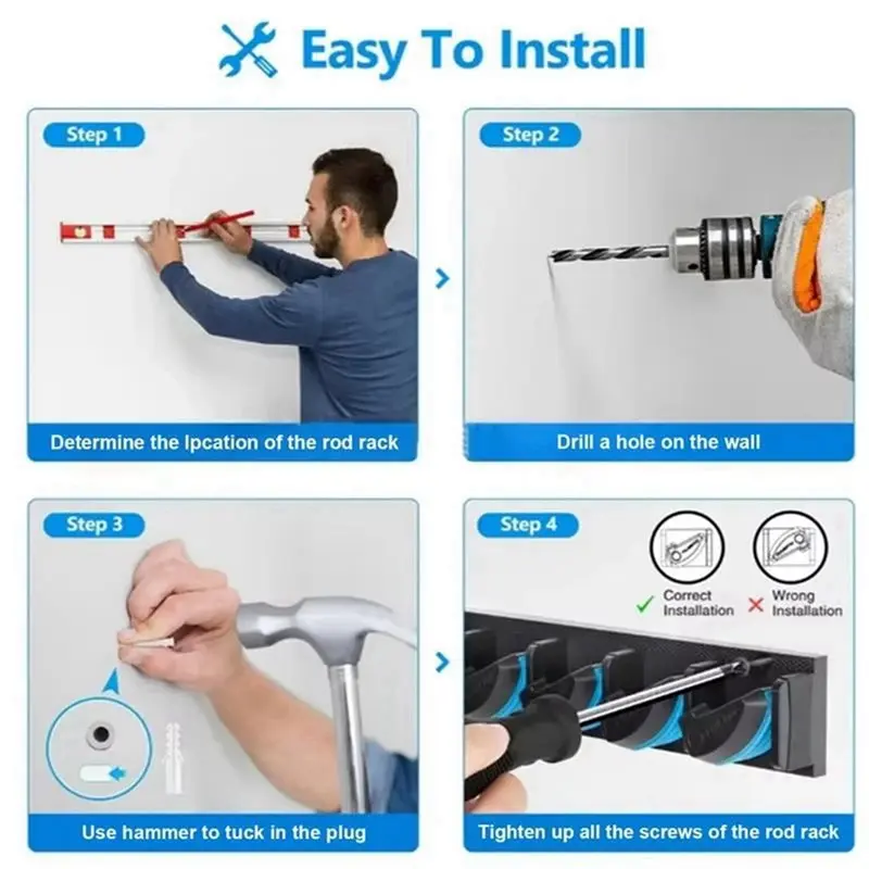 ABUE-2X Wall Mounted Fishing Rod Rack Wall-Mounted Fishing Rod Rack Multi-Card Slot Non-Slip Fishing Rod Display Stand