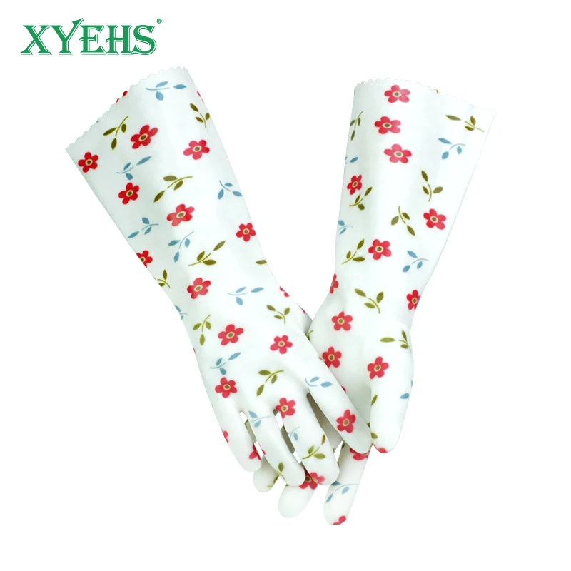 XYEHS 35cm Thick PVC Floral Household Cleaning Gloves Cotton Lining Heat Resistant Non-Slip Waterproof Work Gloves Food Grade