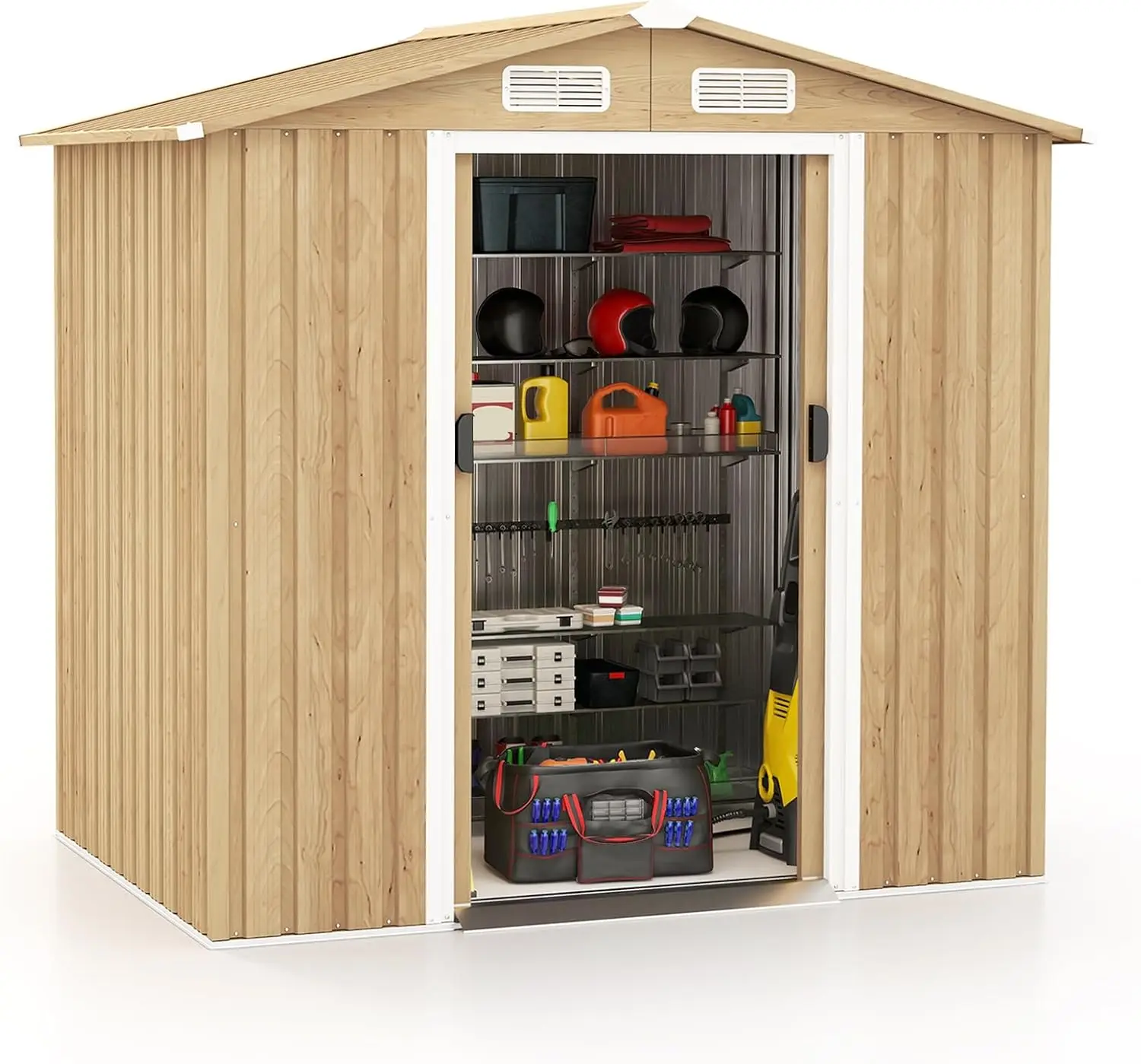 Goplus 6' x 4' Woodgrain Outdoor Storage Shed, Galvanized Metal Tool House Organizer w/ 4 Vents, Lockable Doors, Waterproof Garden Sheds & Outdoor Storage for Backyard, Lawn, Patio, Natural