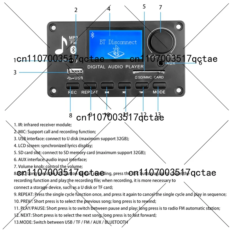 DC 12V MP3 Decoder Board Bluetooth 5.0 Car Radio Receiver Amplifier USB SD FM AUX Module