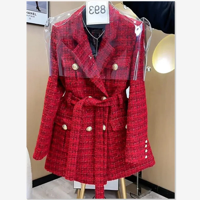 Fashion Double-Breasted Tweed Blazer Jacket For Women Autumn Winter New Vintage Weave Plaid Notched Lace-Up Coat Chaquetas 368P