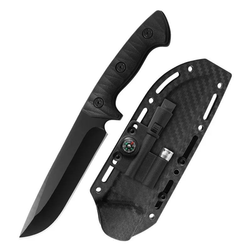 Aço inoxidável exterior Straight Knife, Tactical K bainha, Camping sobrevivência faca, apito bússola, lanterna Faca