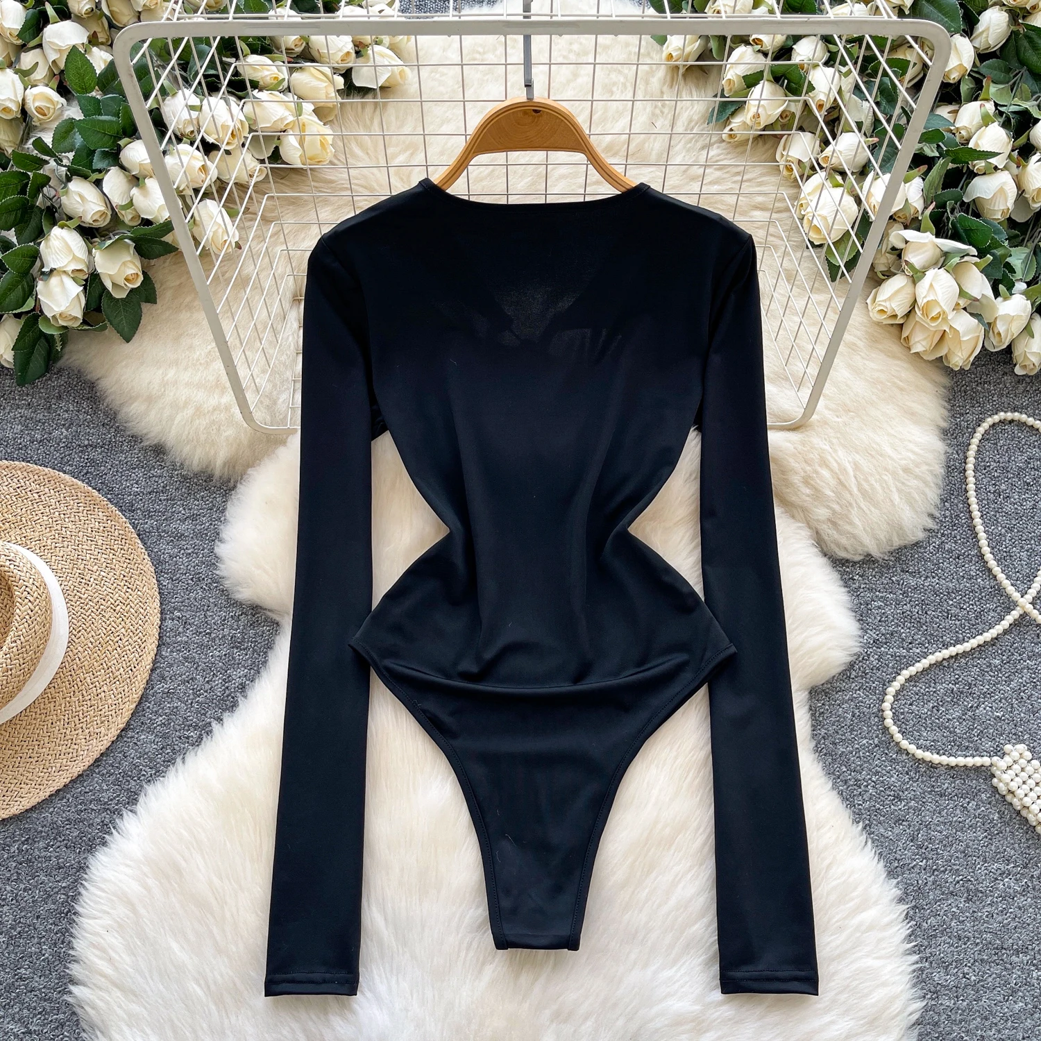 ملابس داخلية عتيقة بأكمام طويلة مفرغة مثيرة للخريف والشتاء ملابس نسائية عصرية رائعة