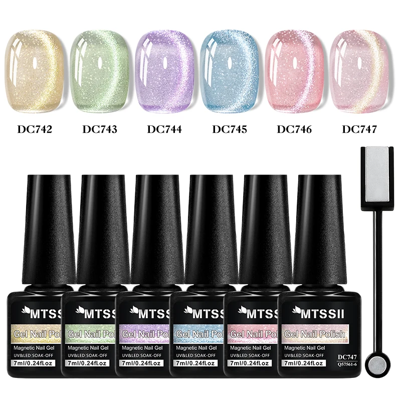 

Набор из 7 цветных гель-лаков для ногтей с эффектом «кошачий глаз» и блестками, полуперманентный, УФ-гель, снимаемый, для самостоятельного маникюра