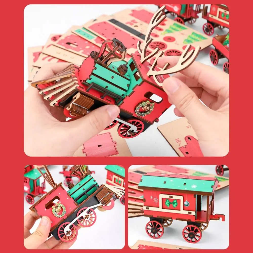 Gifts DIY Christmas Wooden Train Set Slot-Together Structure Colorful Christmas Train Puzzle 3D Train Puzzle Educational Play