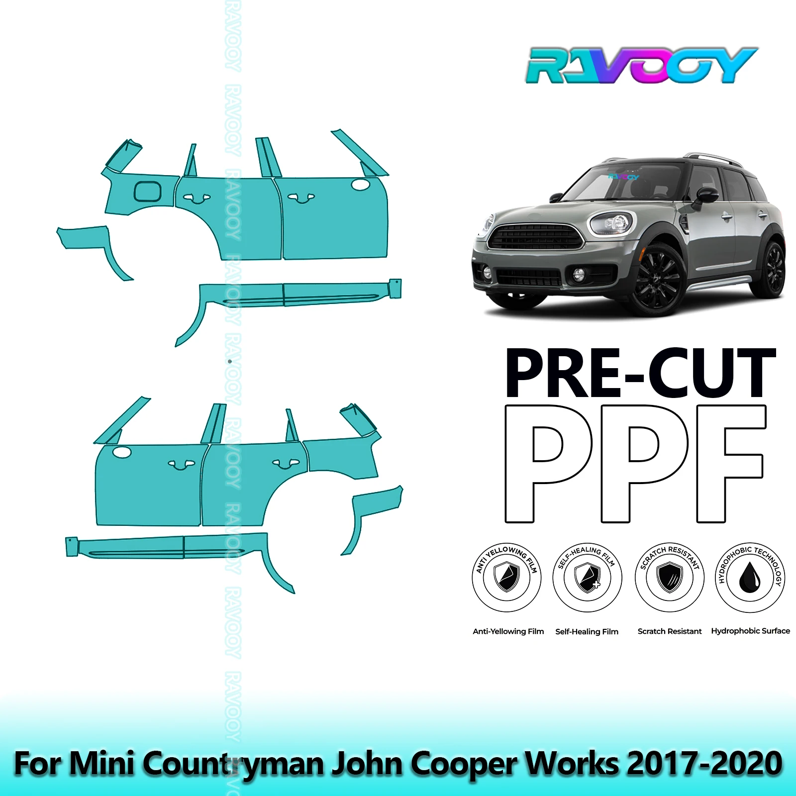 

For Mini Countryman John Cooper Works 2017-2020 8.5mil Pre-Cut PPF Door & A/B Pillar Kit TPU Paint Protection Film Set