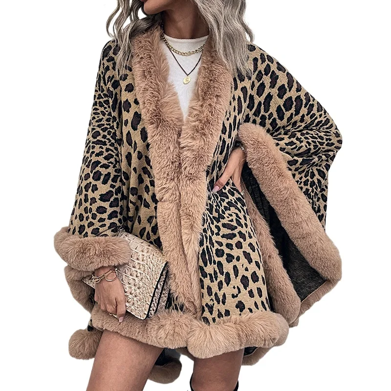 2023 autumn and winter new European and American fur collar cape cardigan Amazon leopard print shawl sweater women