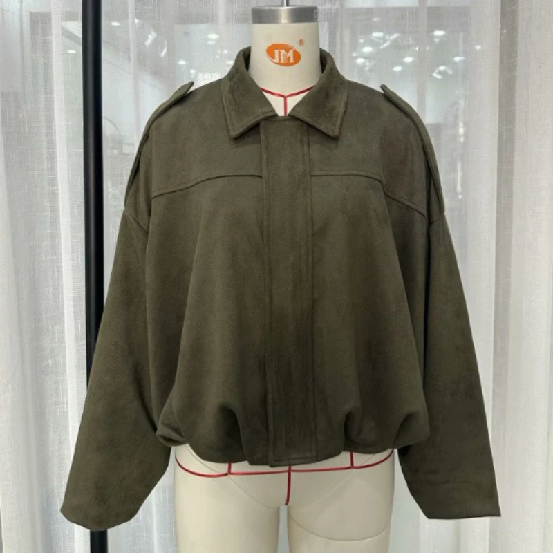 Women's Faux Suede Collared Jacket Olive Green Loose Fit Shoulder Straps Stylish AliExpress Exclusive