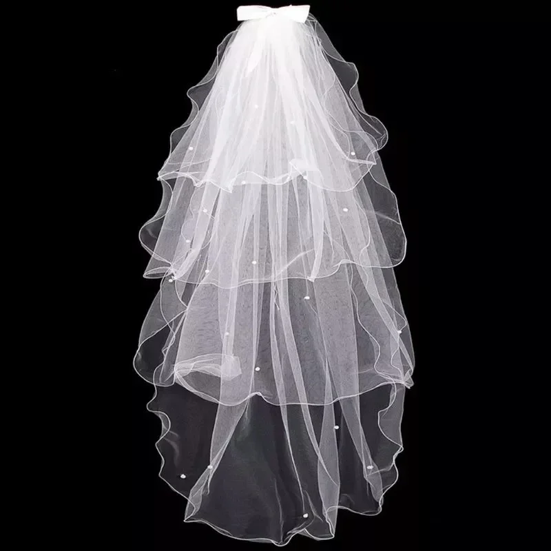 Velos de vestido de novia de tul, velo de novia multicapa con lazo blanco, peine, perlas de imitación, accesorios de matrimonio de hadas para novia