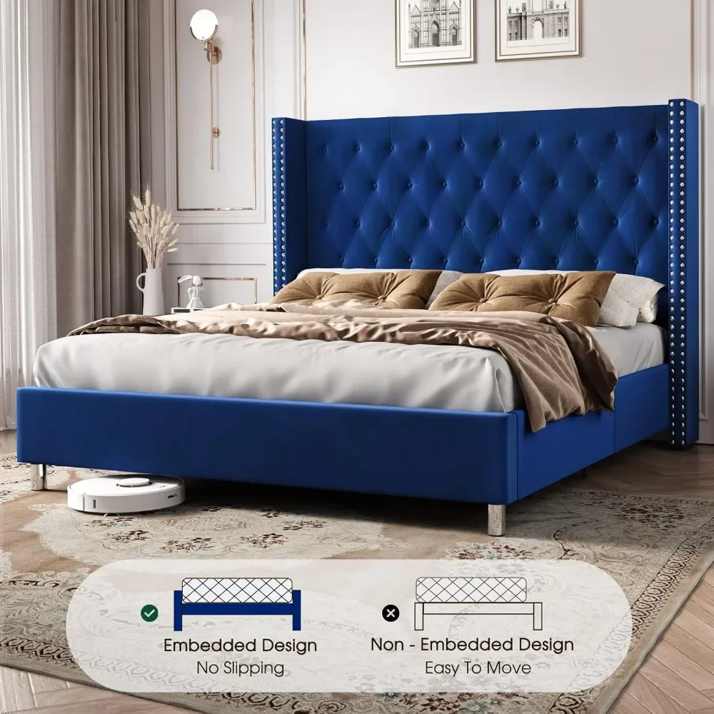 Bed Frame Upholstered Bed Velvet Low Profile Platform Bed with Raised Wingback Headboard/No Box Spring Needed/Easy Assembly