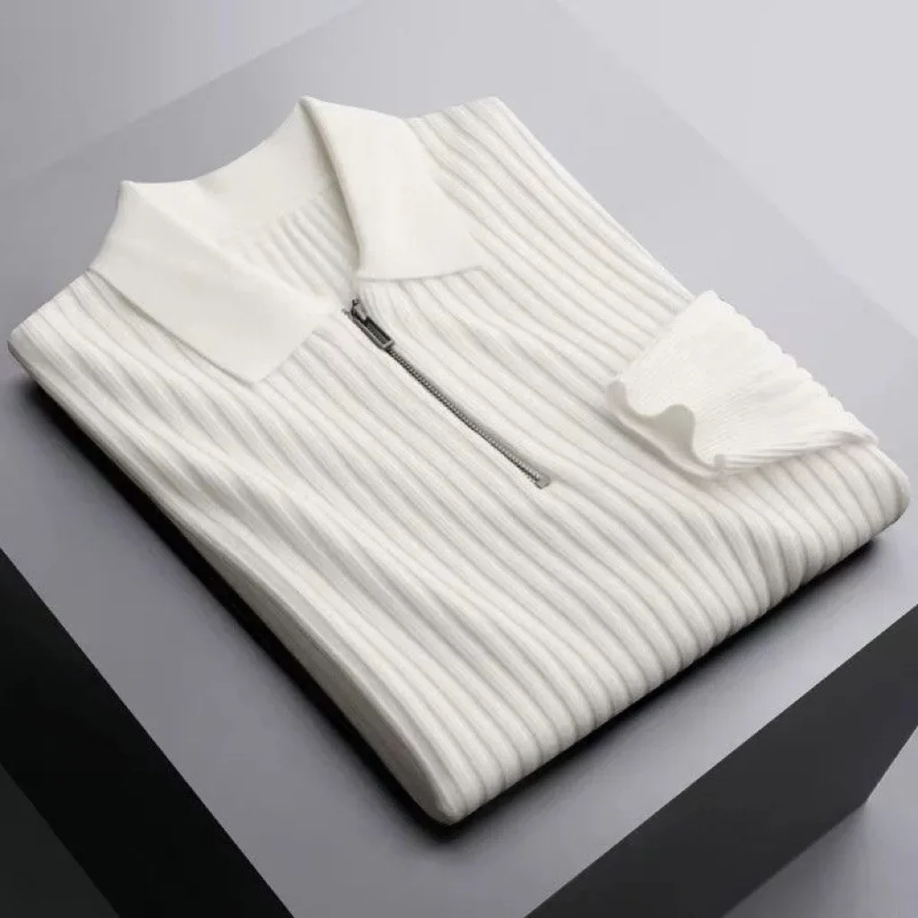 Young Men Solid Color Lapel Knit Polo Shirt Warm Pit Strip Sweater Autumn and Winter Light Luxury Business Half Zip Sweater Top