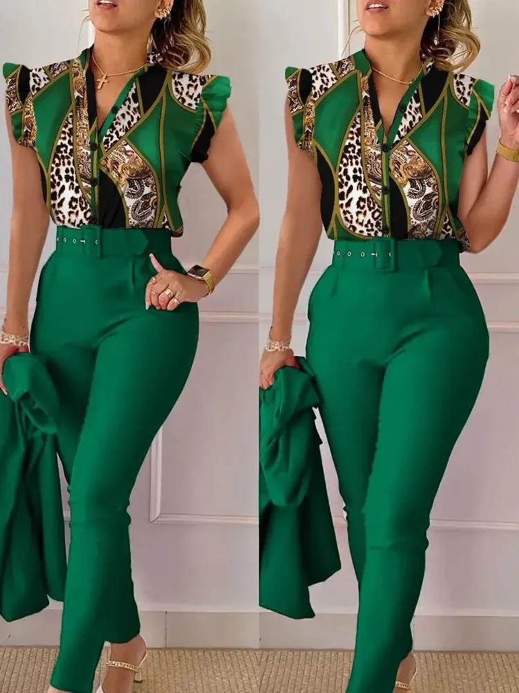 Elegant Womens Slim Two-Piece Sets Summer Fashion Print V Neck Button Flying Sleeve Shirt Top & Solid Long Pants Suits With Belt