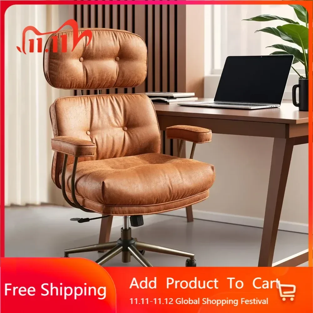 كرسي مكتب منزلي مريح، كراسي جلدية صناعية حديثة من منتصف القرن مع وسائد سميكة، مريح عالي الظهر دوار #2