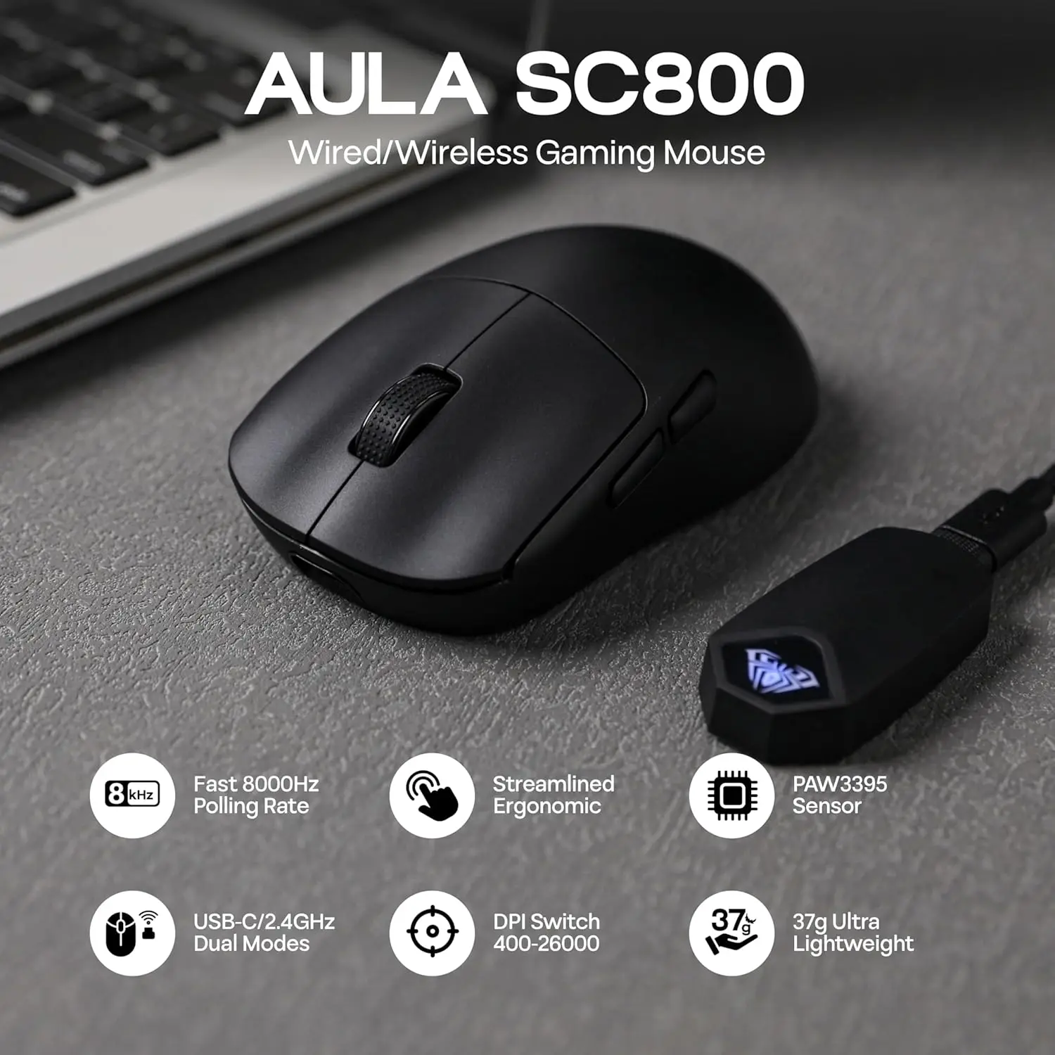 AULA SC800 8K Polling Rate Gaming Mouse PAW3395 Flagship Sensor 650 IPS 37g Lightweight 2.4GHz Wireless Wired Programmable