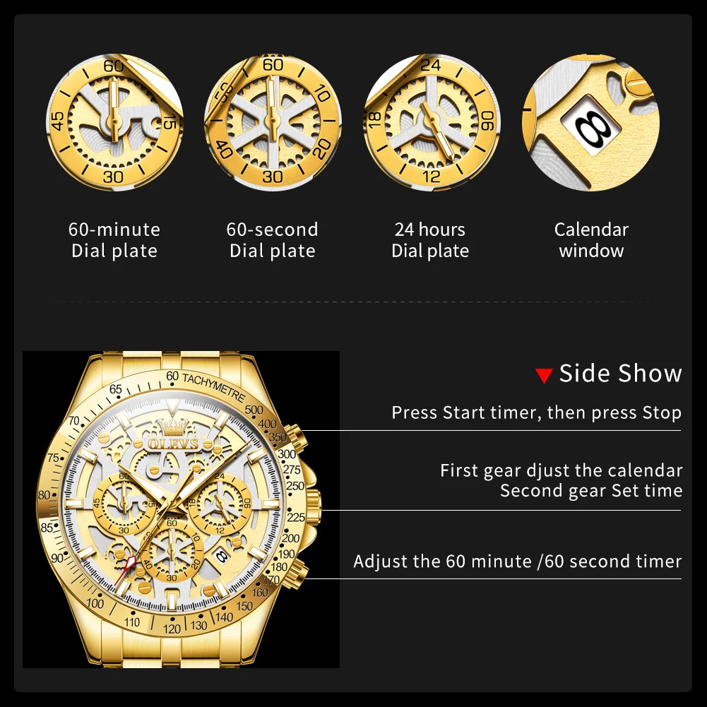 OLEVS Quartz Watches for Men Luxury Hollow Out Design Stainless Steel Multifunctional Chronograph Calendar Men\'s Gold Wristwatch