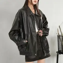 Women Faux Leather Jacket Long Sleeves Turn-down Collar Loose Fit Zipper Pocket Solid Color Vintage American Oversized Ladies