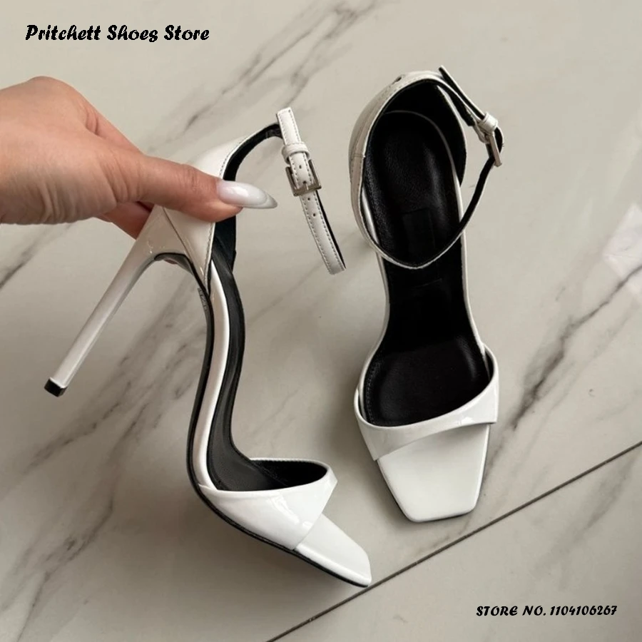 

Elegant Women's Leather Sandals Summer Buckle Strap Party Wedding Dress Shoes Square Open Toe Thin Heels Plus Size Stilettos