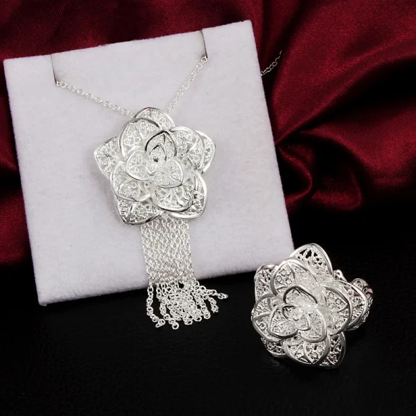 

Beautiful 925 Sterling Silver Fine Flower Pendant Necklace Rings Jewelry Set For Women Fashion Party Wedding Girl Gift