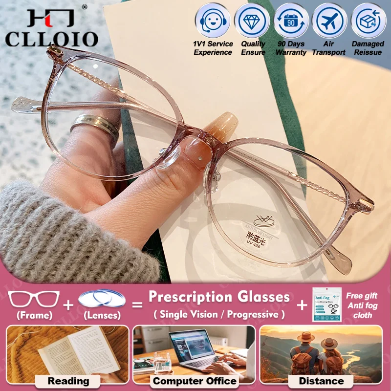

CLLOIO Retro Women Oval Myopia Photochromic Prescription Glasses High Quality Anti Blue Light Multifocal Optical Reading Eyeware