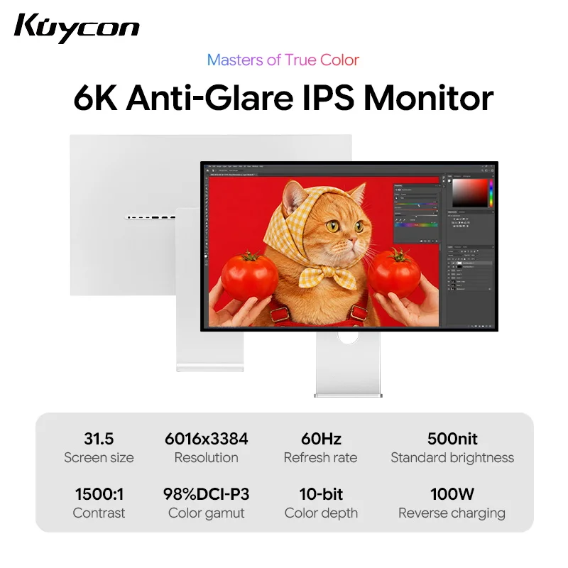 Kuycon G32X 32 Inch 6K Matte IPS Monitor 6016 X 3384 60Hz HDR 99% sRGB 98% DCI-P3 10Bit 1.07B Colors 100W USB-C Height Adjustable Rotary Stand CNC Aluminum 3H Anti-Glare USB Designer Display