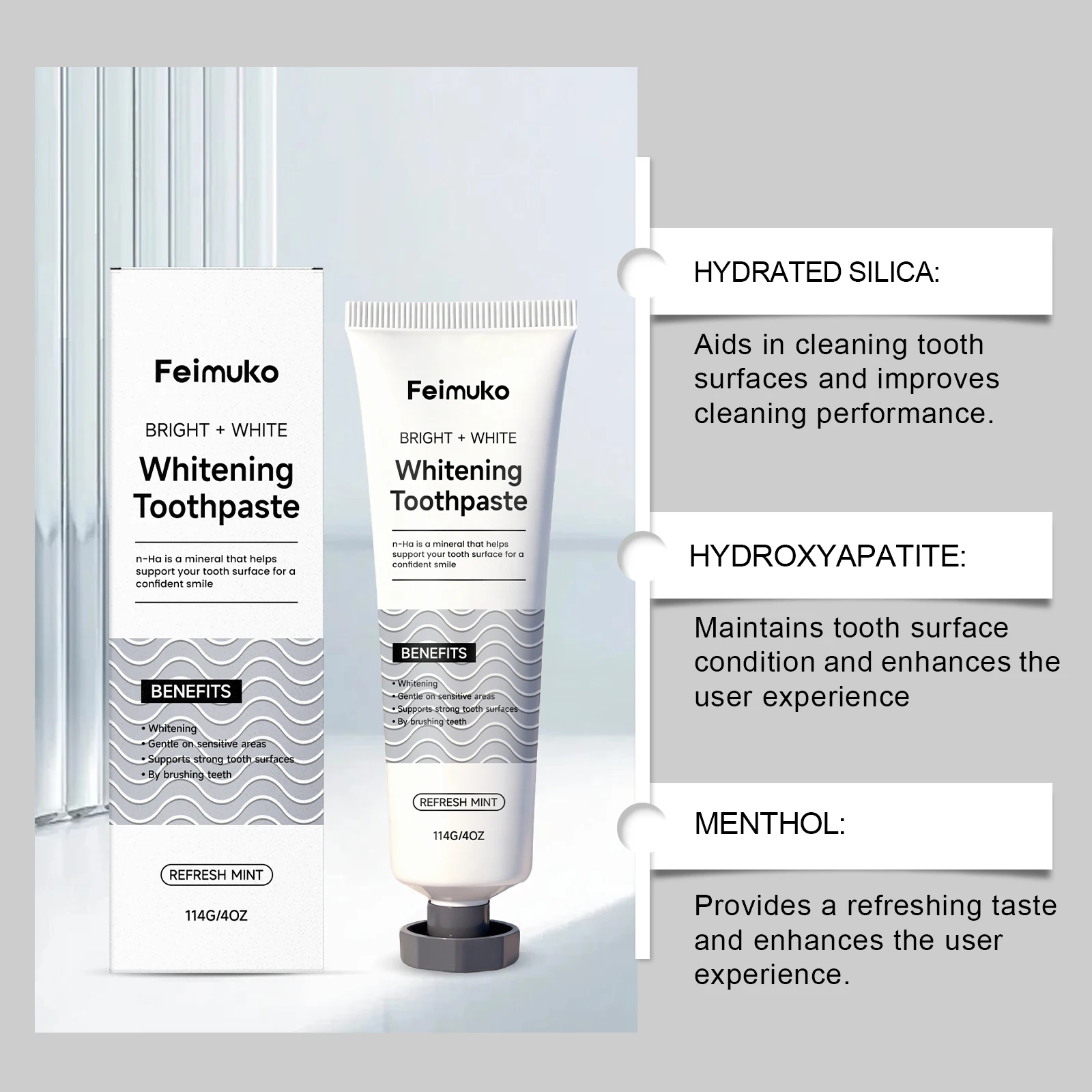 Feimuko Whitening Toothpaste Restores White Teeth Protects Gums Deep Cleans Brightens Smile 114g Fresh Mint Toothpaste