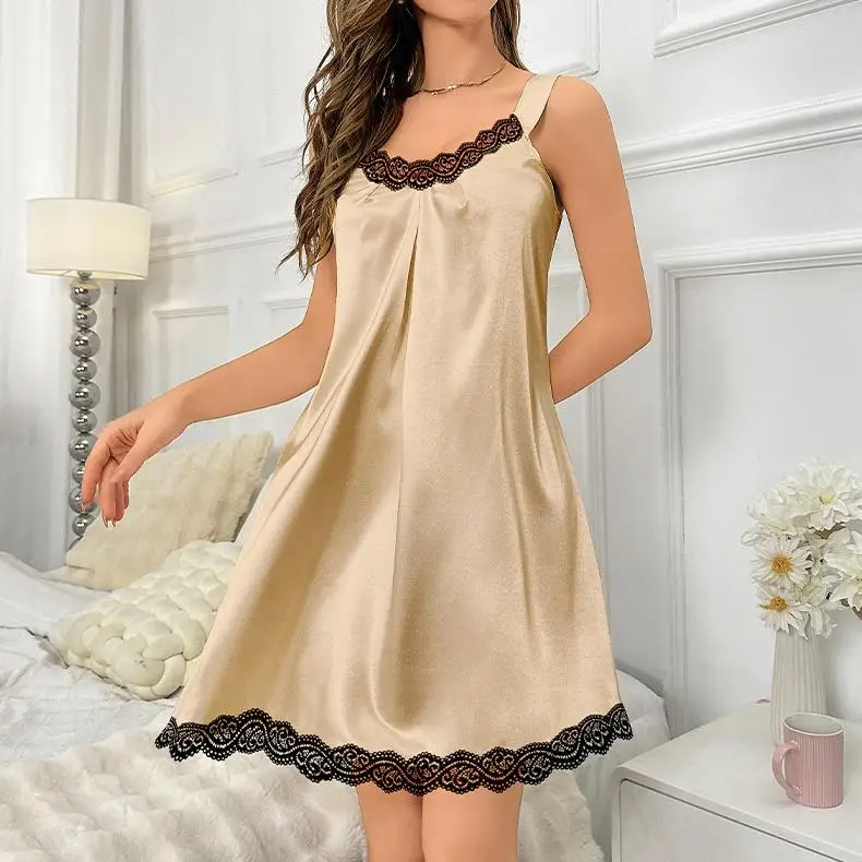 Lady Rayon Sleepwear Dress Summer Backless Lace Nightdress Lingerie Women Sexy Sleeveless Nightgown Morning Gown Homewear