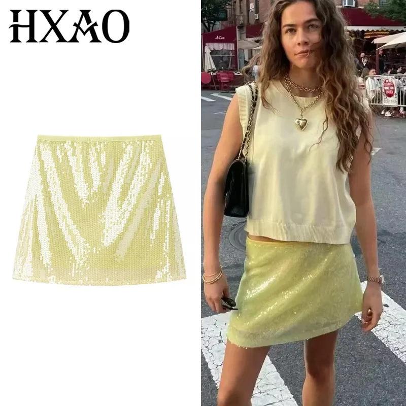 

HXAO Woman 2025 Skirts New Yellow Mini Skirt Summer Shiny Sequin Sexy Short Skirt Streetwear A-Line Y2K Skirts For Women